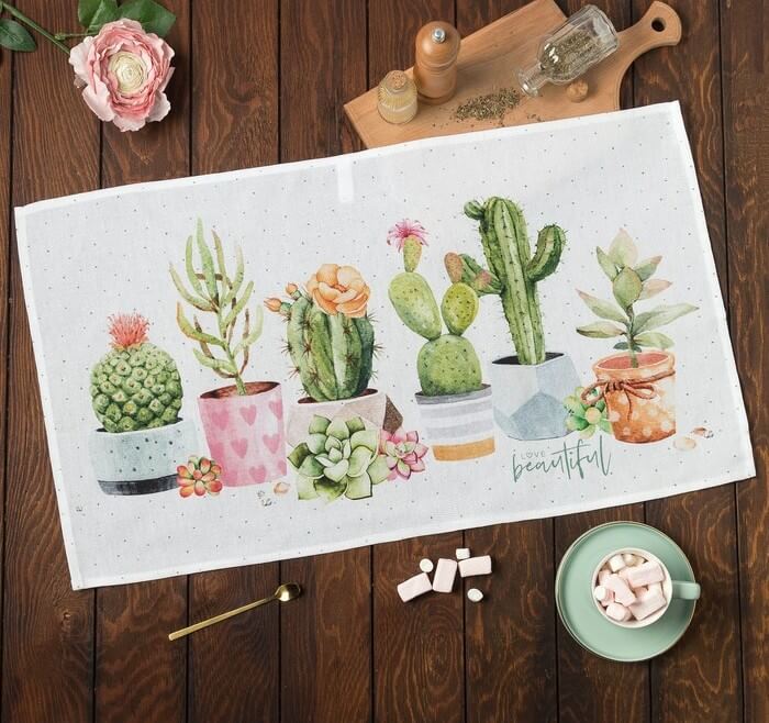 Полотенце кухонное ЭТЕЛЬ КАКТУСЫ рогожка 40x70 100%хлопок белый зеленый_Каталог-v2_MIRTECK